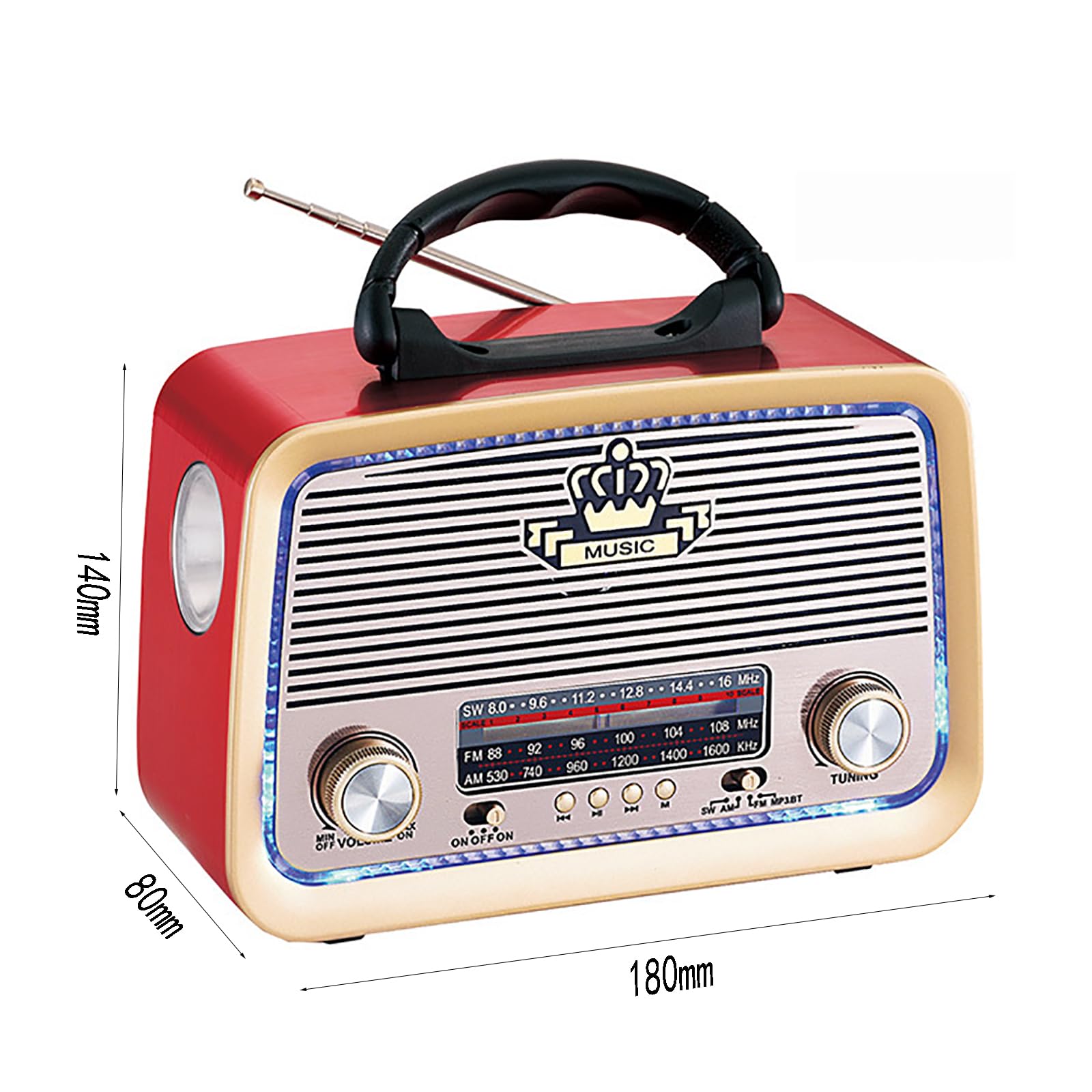 TsoLay Radio Portátil Retro, Radio Am FM con Linterna, Luz Ambiental Y Mango Largo, Altavoz Bluetooth, Sonido Claro, Soporte para Reproducción De Tarjeta AUX/TF/Disco U, Regalos para Personas Mayores