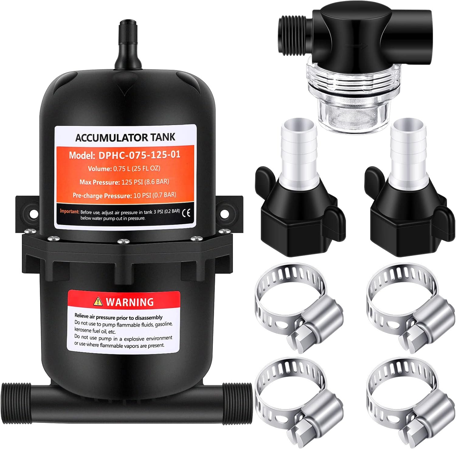 Kingdder RV Accumulator Tank 0.75L 12V 125PSI Pressurized