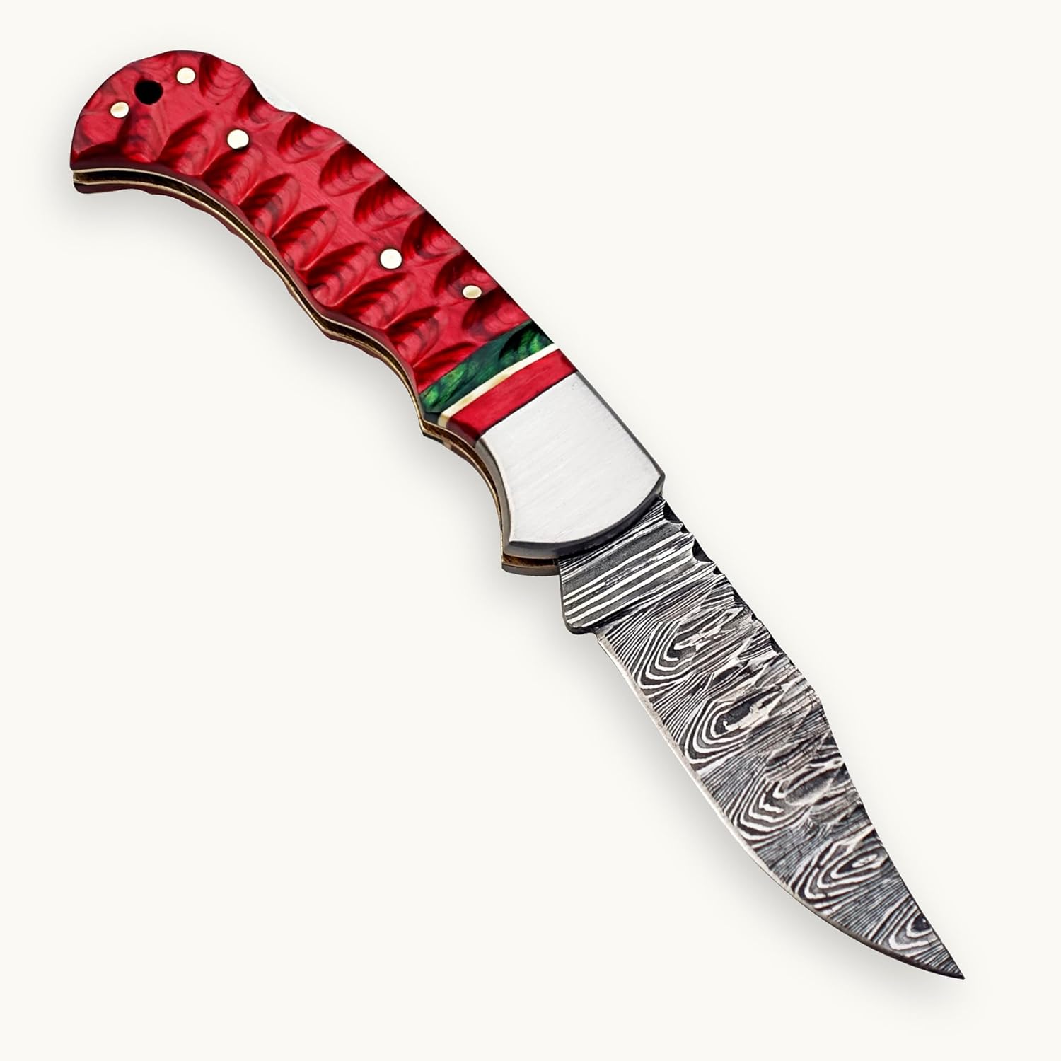 Damascus Steel Folding Pocket Knife – Red Wood Handle with Green Accent, Handmade EDC Knife with Leather Sheath, Hunting Camping Outdoor Knife – Gift for Dad, Groomsmen (With Groves on Handle)