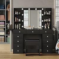 Vista 13 de Escritorio de tocador de 59 pulgadas de ancho con espejo y luces, tocador de maquillaje grande con toma de corriente, 8 cajones y 2 gabinetes, 4