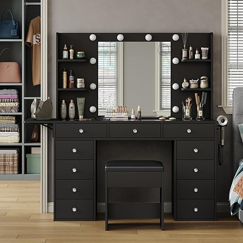 Miniatura 13 de Escritorio de tocador de 59 pulgadas de ancho con espejo y luces, tocador de maquillaje grande con toma de corriente, 8 cajones y 2 gabinetes, 4