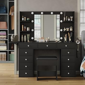 Yanosaku Vanity Desk with Power Outlet, Makeup Table with Mirror and 12 LED Lights, 3 Color Lighting Modes, 11 Drawers Makeup Vanity with 4 Shelves, Fold-up Panel, Vanity Set for Bedroom, Black