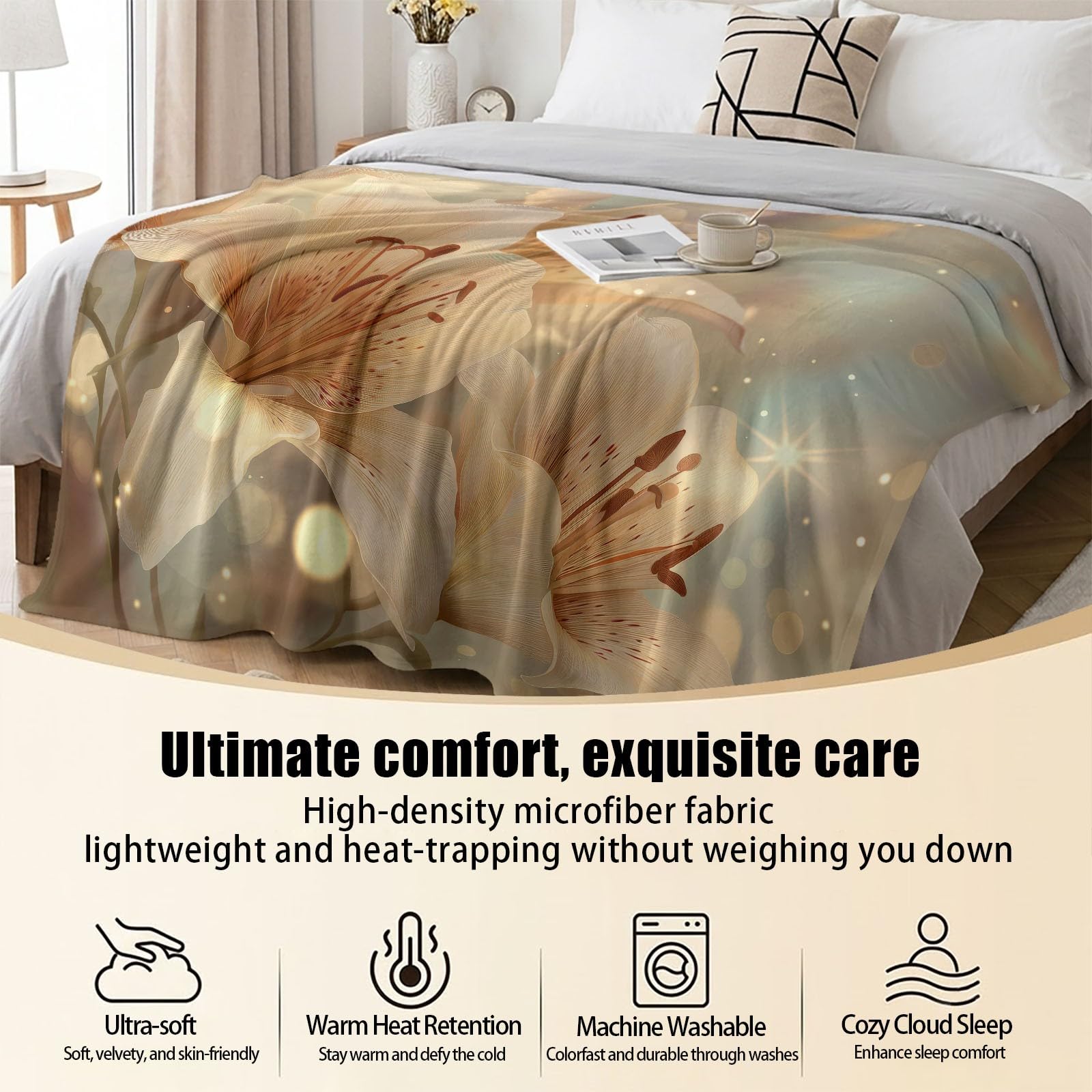 Manta de forro polar de franela suave y acogedora de 180 x 200 cm, diseño de flores, color beige
