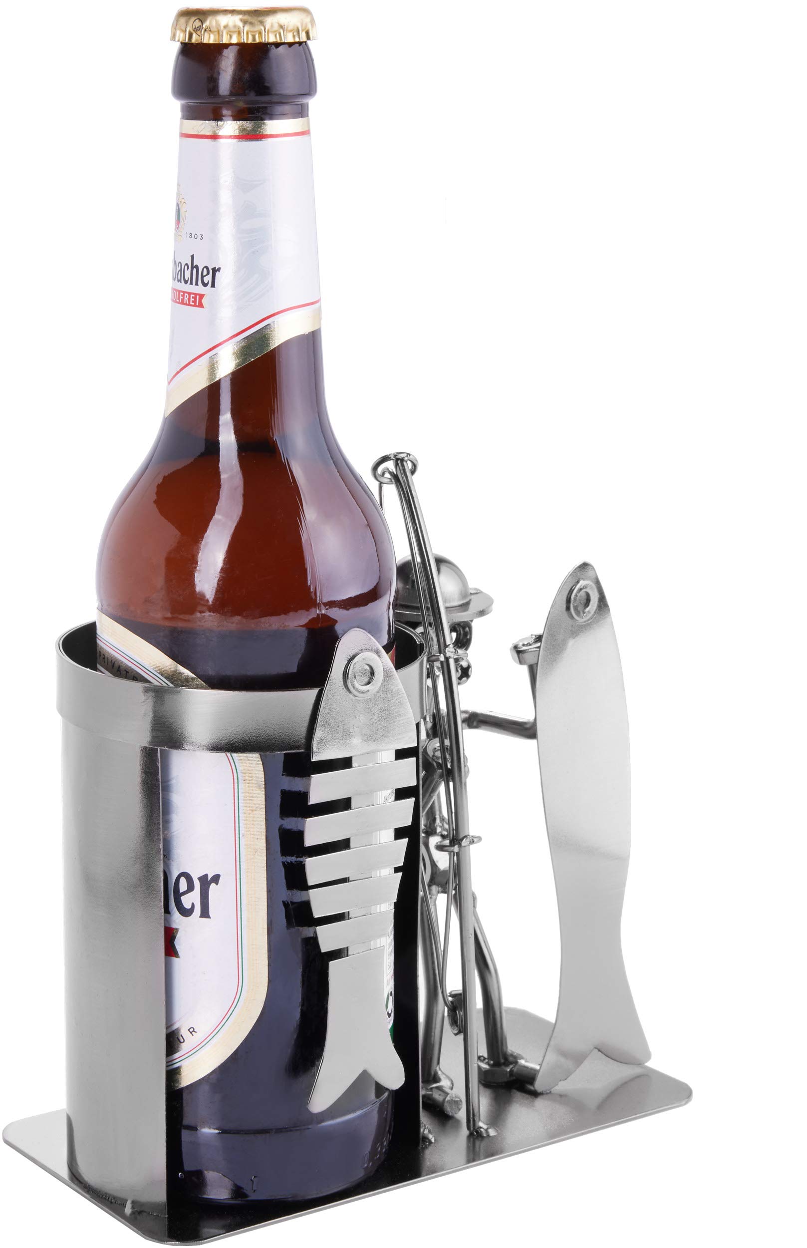 BRUBAKER Nuts and Bolts Sculpture Angler with Fish - Bottle and Can Holder - Handmade Iron Figure Metal Man Beer Bottle Holder - Metal Figure Gift Idea for Anglers