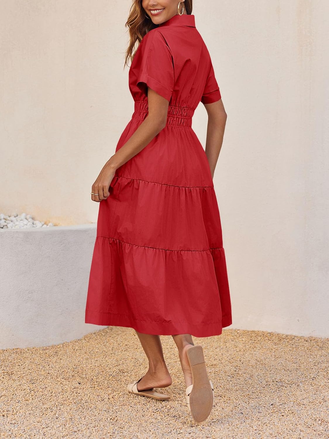 Wenrine Womens Summer Short Sleeve Maxi Dresses Casual V Neck Smocked Loose Tiered Flowy Shirt Dress with Pockets - Image 5