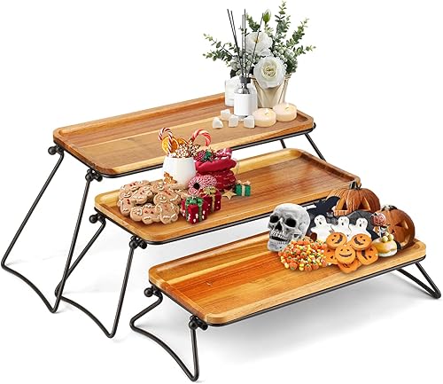 Manspdier Soporte de 3 niveles para cupcakes y torres de tamaño mediano para fiestas, juego de mesa de postre de madera de acacia, decoración