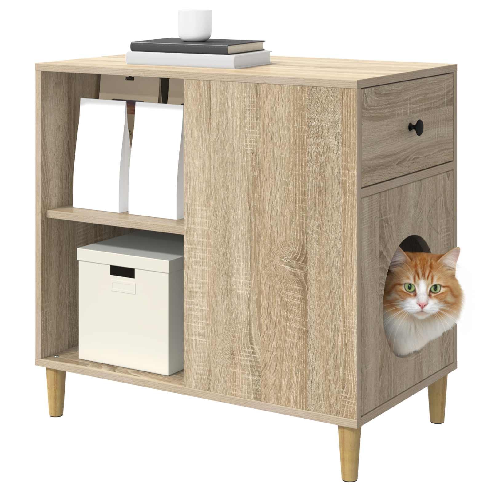 Katzenhaus Sonoma aus Holzwerkstoff 72 x 42,5 x 70 cm Robustes Katzenmöbel mit Kratzbaum, Kletterbaum, Kratztonne, Kratzbrett, Sisal für Wohnzimmer, Innenbereich, komfortable Liegefläche