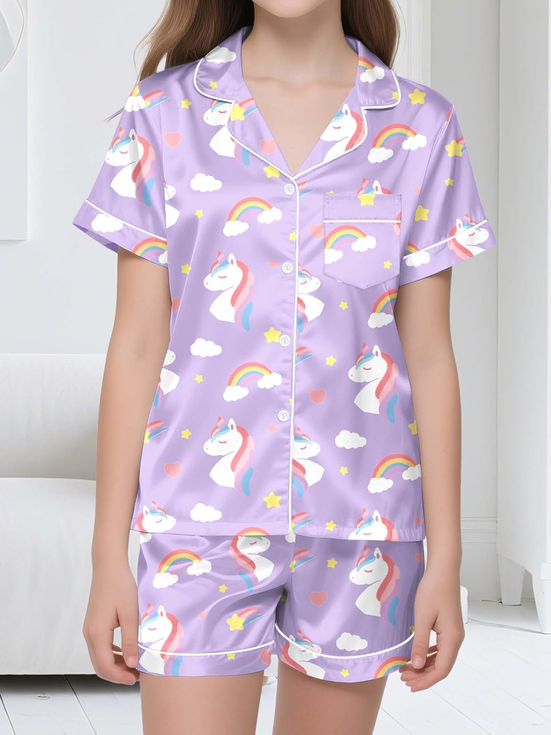 Girls Pajamas 2 Pieces Silky Satin Pajamas Set Short Sleeve & Pants Sleepwear Loungewear Button Down Pjs Set for Girls, Purple Unicorn - Image 2