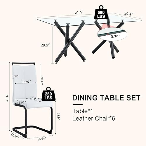 Miniatura 5 de Juego de 6 mesas de comedor de cristal, moderno juego de mesa de comedor de vidrio templado rectangular transparente de 71 pulgadas y 6 sillas de