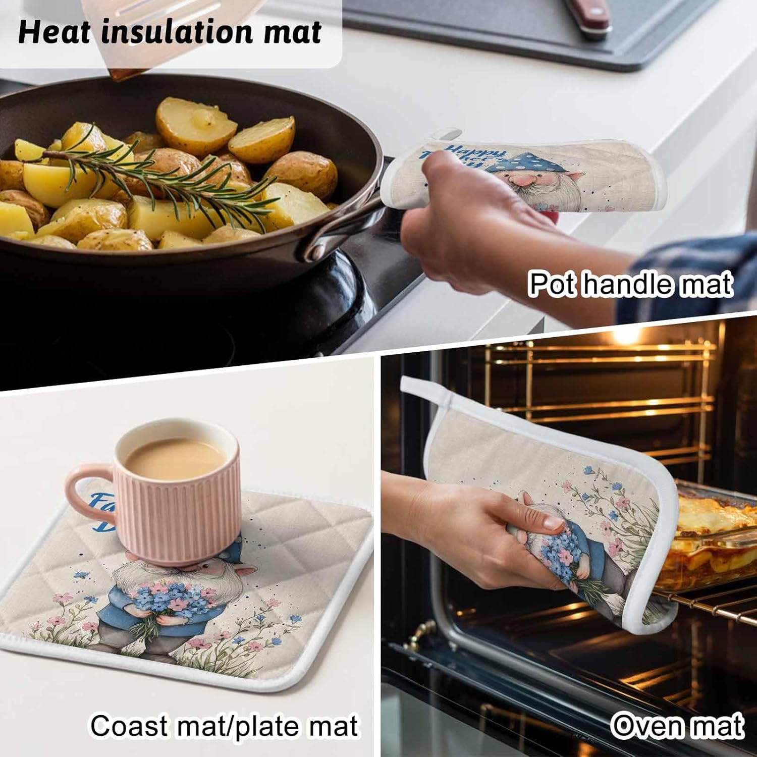 5 Pack Pot Holders for Kitchen, Happy Father's Day Hot Pads for Kitchen Countertops Oven Pot Holder Bulk, Blue Gnomes Rustic Garden Floral Heat Insulation Potholders with Hanging Loops