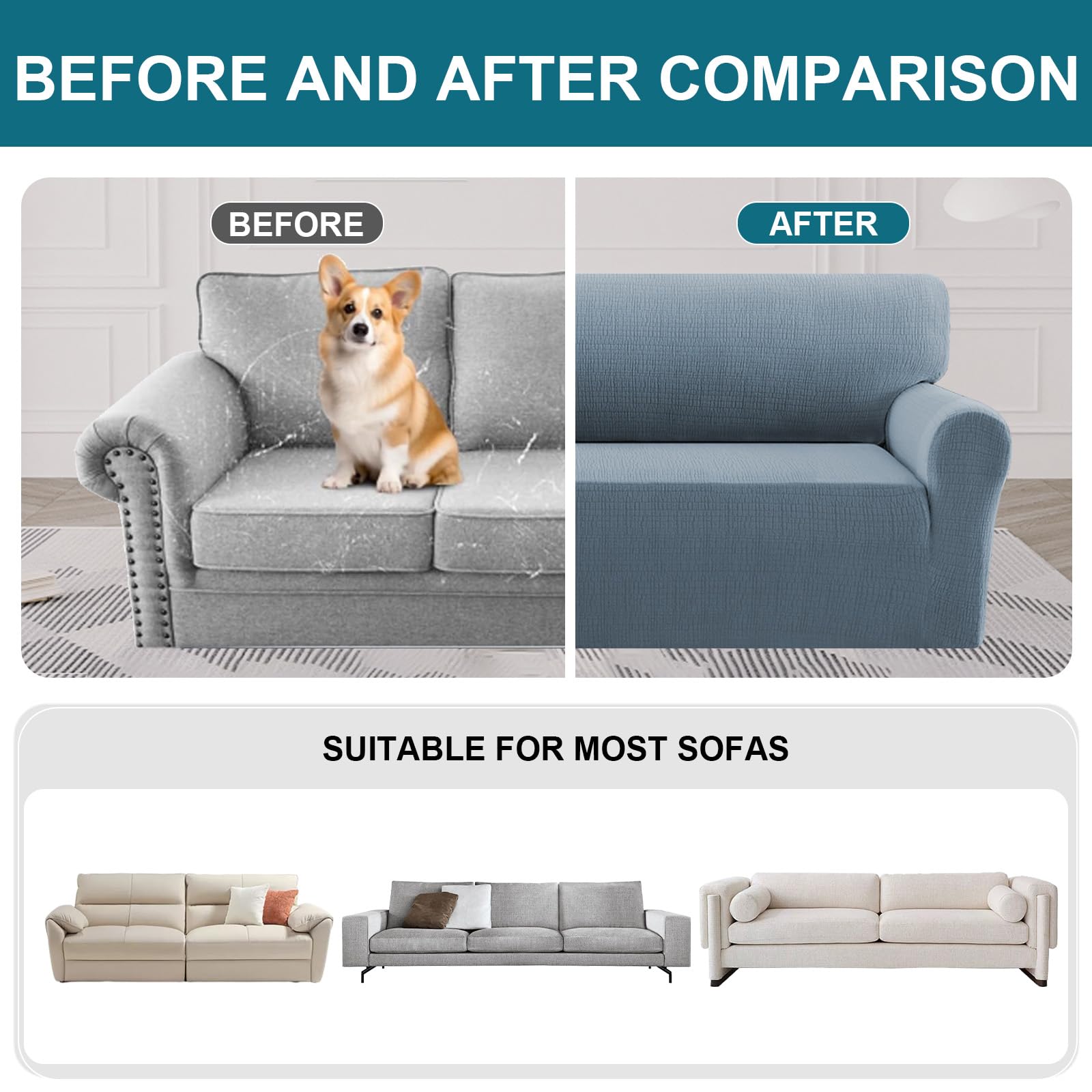 BellaHills Impermeabile Copridivano, Copridivani Elasticizzato Antiscivolo, Moderno Copri Divano Antigraffio, Sofa Cover Antimacchia, Lavabile In Lavatrice,3 Posti(180-203cm), Grigio-Blu