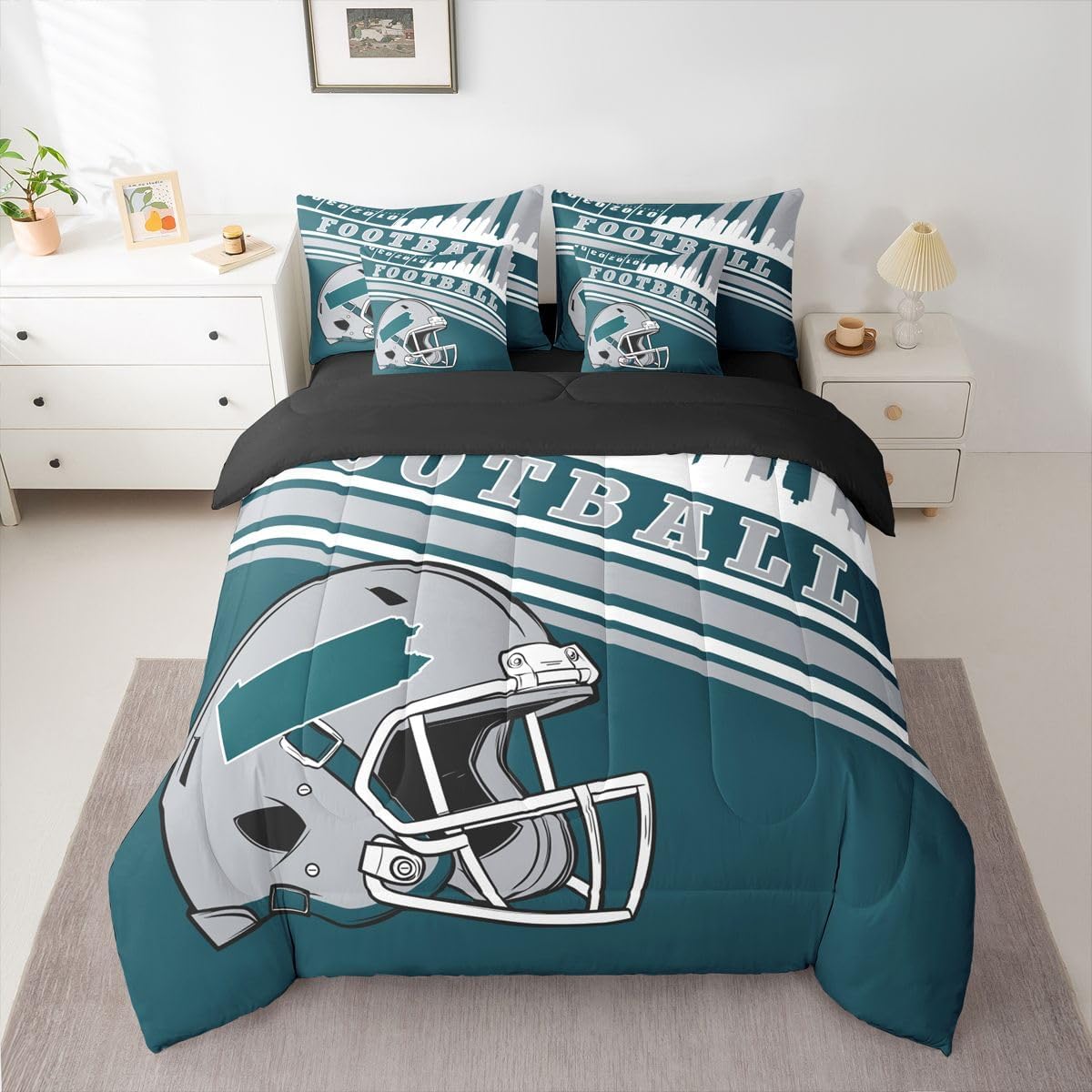 Erosebridal Kids Football Sports Seasonal Comforter Set, Sports Fans Gifts, Football Comforter + Flat Sheet + Fitted Sheet + 2 Pillowcases + 2 Throw Pillow Covers, Queen