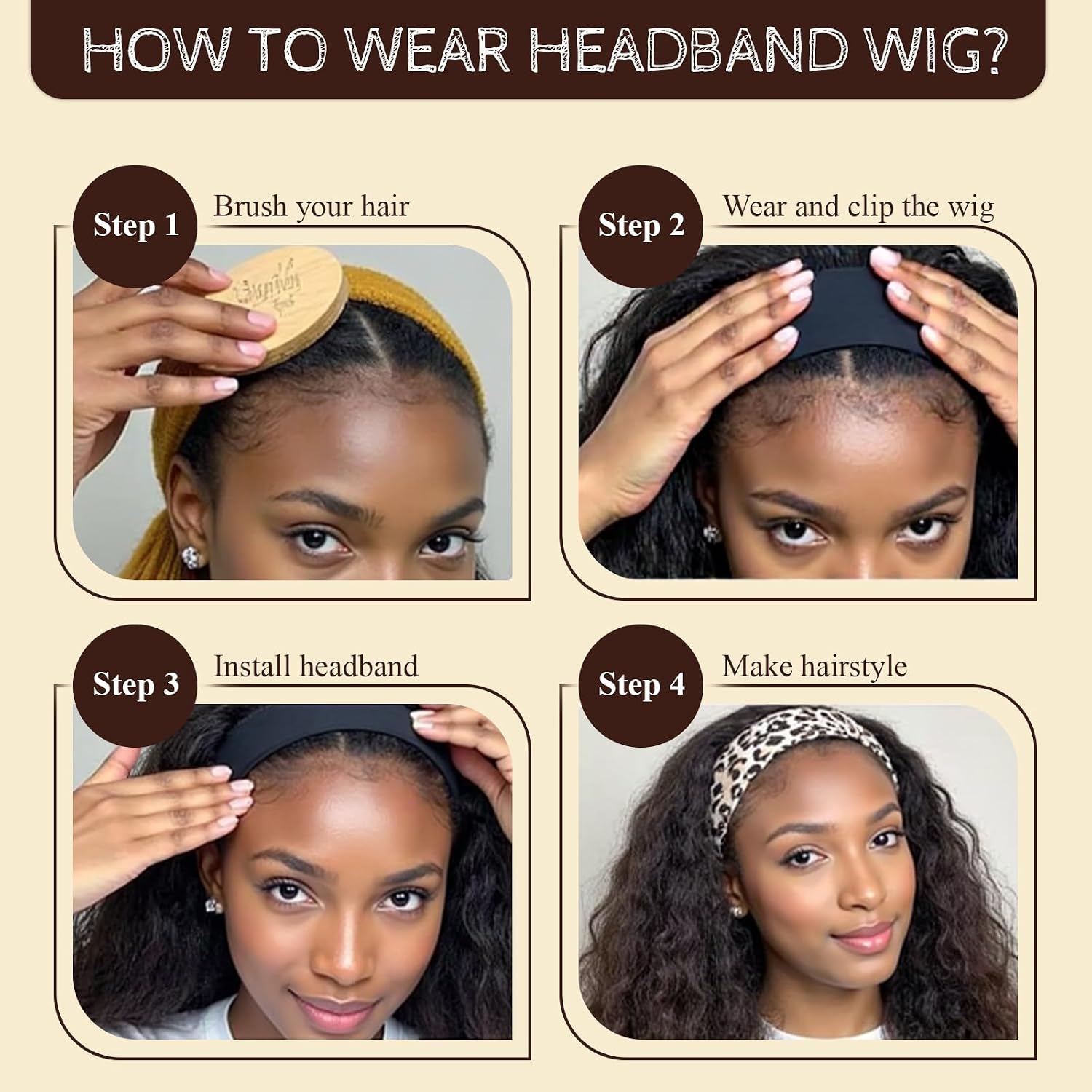 Yaki Curly Headband Wigs for Black Women, Synthetic Headband Wig with Curly Ends, Glueless Wear and Go Half Wig, Natural Texture Kinky Straight Wig for Daily Use（16in,Black）