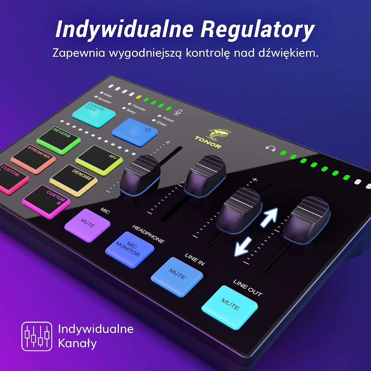 TONOR Interfejs audio do gier, mikser audio do streamingu, podcastów, nagrań studyjnych, 6,35 mm i kanał XLR, karta dźwiękowa z efektami świetlnymi RGB, do streamerów do gier, twórców treści TX310