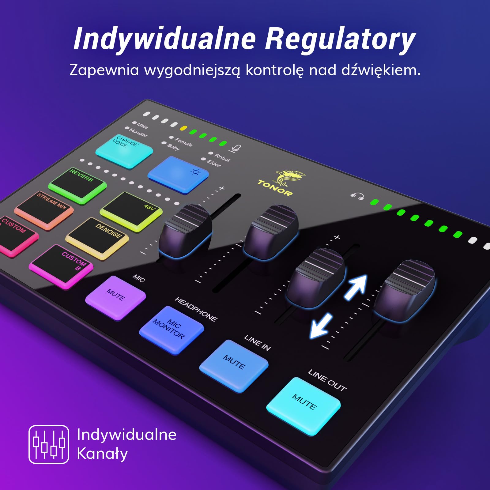 TONOR Interfejs audio do gier, mikser audio do streamingu, podcastów, nagrań studyjnych, 6,35 mm i kanał XLR, karta dźwiękowa z efektami świetlnymi RGB, do streamerów do gier, twórców treści TX310
