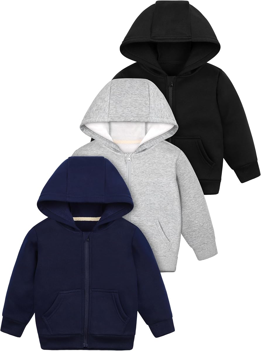 Cooraby 3 Packs Baby and Toddler Boys Long Sleeve Full-Zip Hoodies Infant Fleece Hooded Sweatshirts Jacket with Pouch Pockets