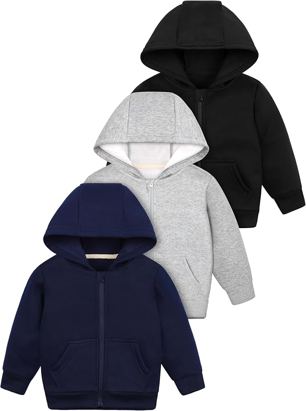 Cooraby 3 Packs Baby and Toddler Boys Long Sleeve Full-Zip Hoodies Infant Fleece Hooded Sweatshirts Jacket with Pouch Pockets