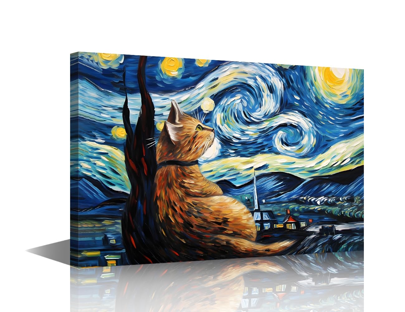 Town Night Cat Bathroom Decor Wall Art 1 Piece Cat Under the Stars Poster Pictures Wall Art Astral Cat Contemporary Home Decor Posters & Prints Stretched and Framed Ready to Hang (12"Wx18"H)
