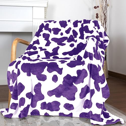 Manta con estampado de vaca morada, suave y cálida, manta de vellón ligera con estampado de vaca para sofá, dormitorio, sala de estar, camping,