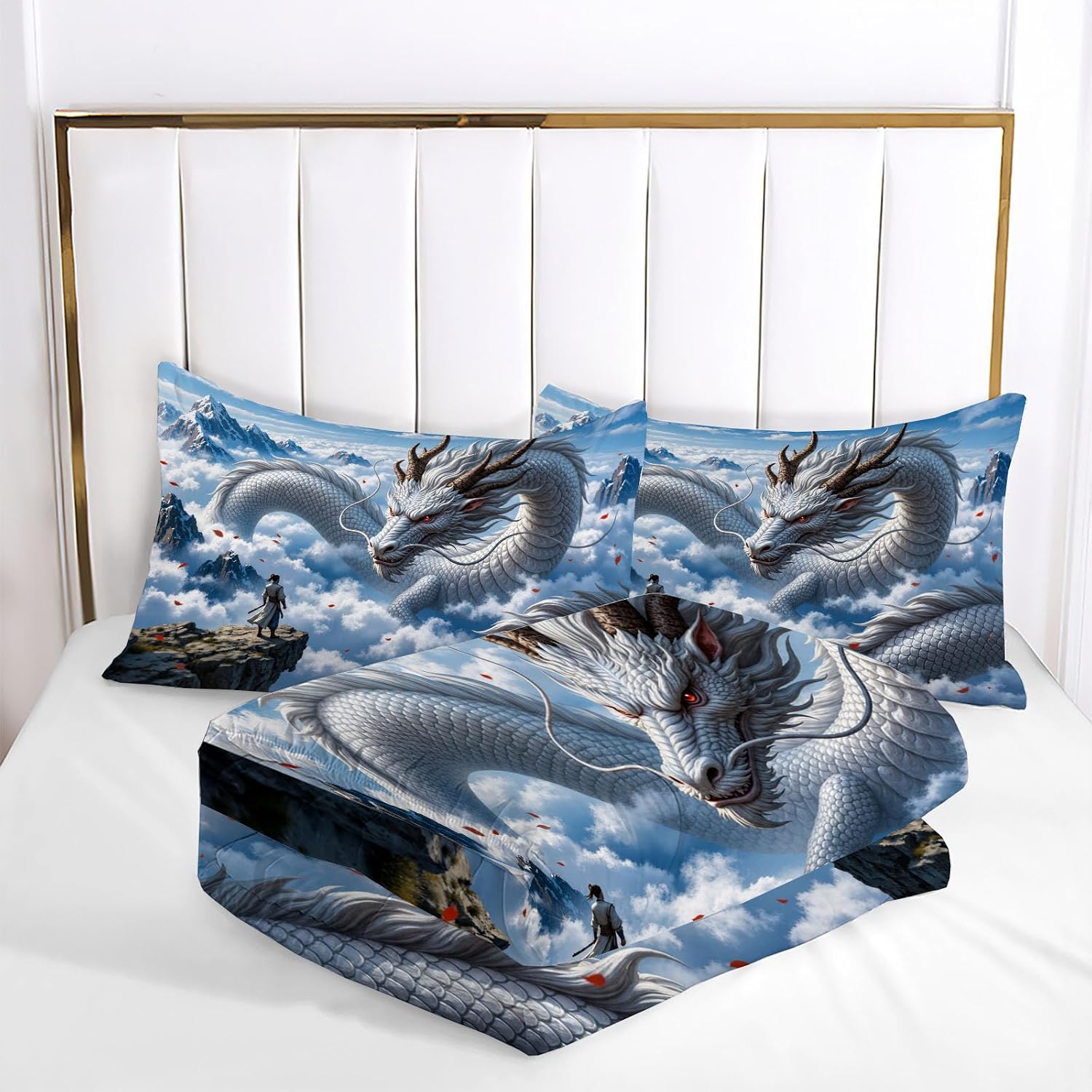 Eastern Mythology Quilt Set Full 3 Pieces, Sky Blue Quilts Bedding Set Giant Dragon Bedspread Bed Cover Lightweight Spring Summer Beds Coverlet for All Season - 79"X90"
