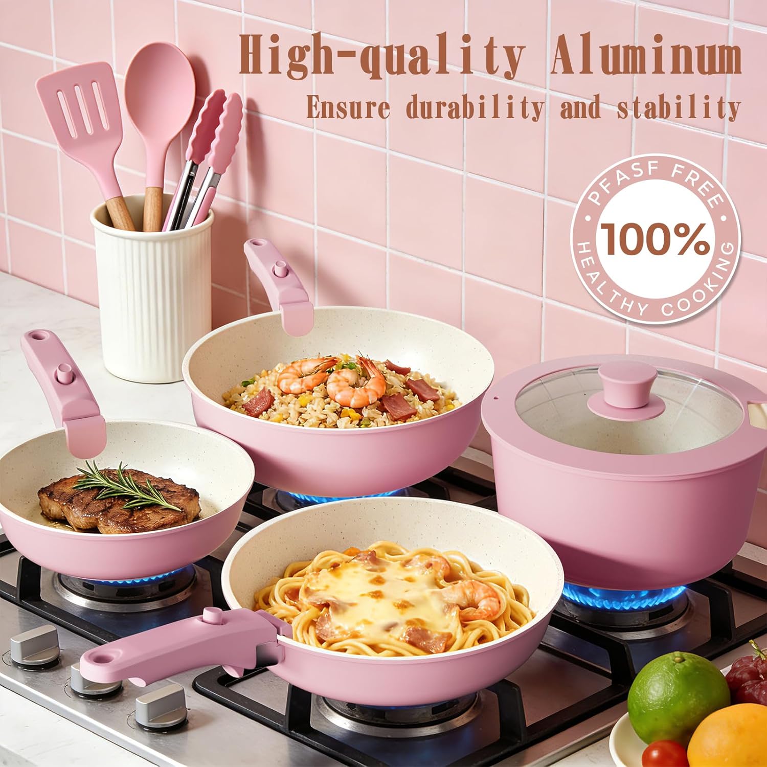 Umite Chef Pots and Pans Set Non Stick, 21 pcs Nonstick Ceramic Cookware Set, RV Kitchen Cooking Set with Detachable Handles, Oven Safe, Induction Cookware, Stackable, Pink, PFAS PFOA & PTFE Free