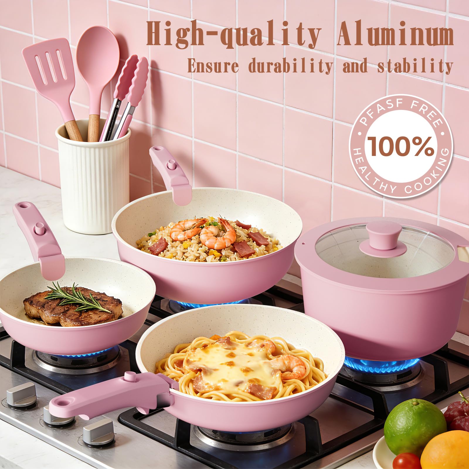 Umite Chef Umite Chef Pots and Pans Set Non Stick, 21 pcs Nonstick Ceramic Cookware Set, RV Kitchen Cooking Set with Detachable Handles, Oven Safe, Induction Cookware, Stackable, Pink, PFAS PFOA & PTFE Free in use