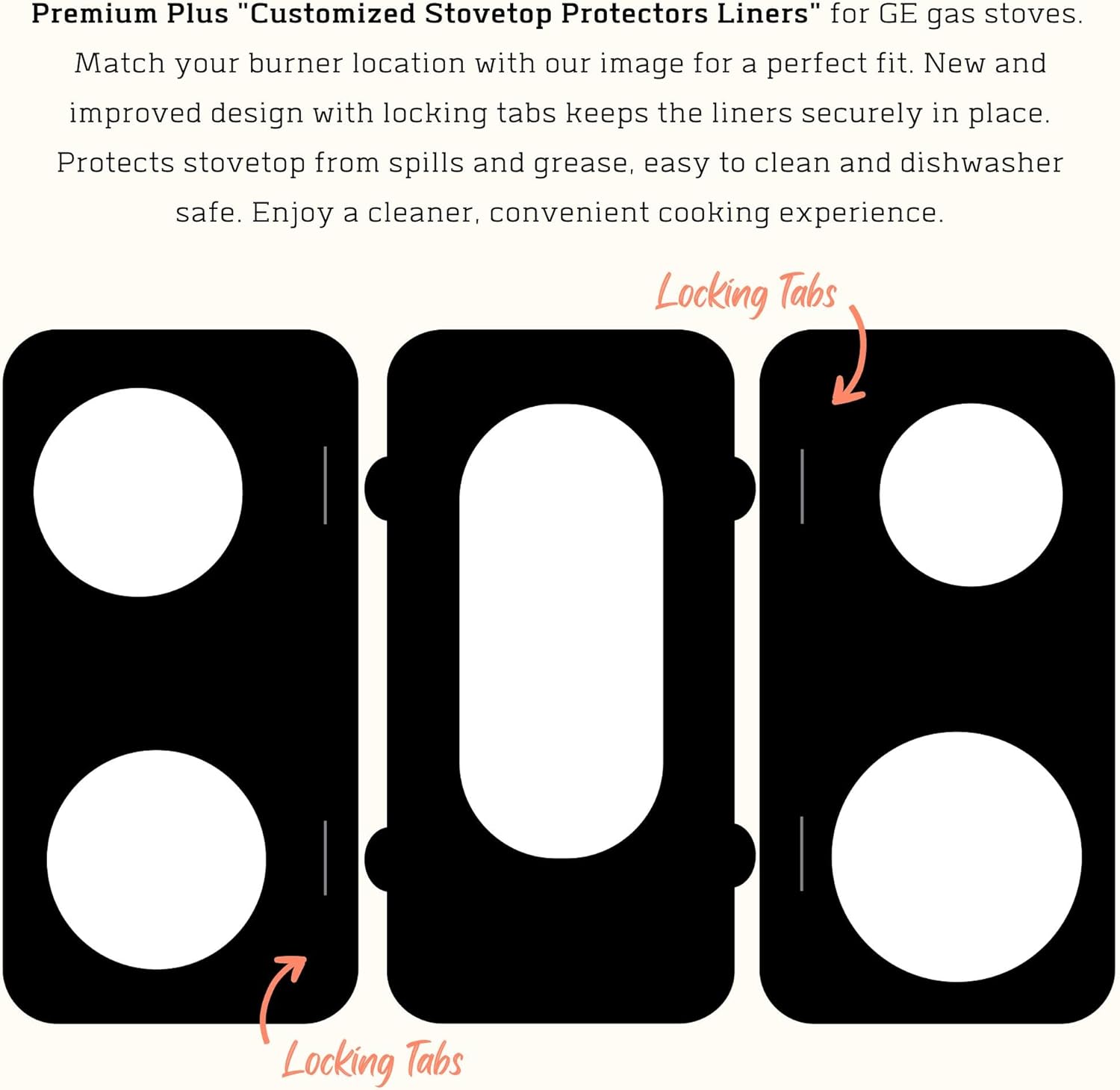 Premium Plus Stove Protectors for GE Gas Range Model JGB695EEF1ES, Custom Cut, Easy to Clean Stove Liner, Made in the USA.