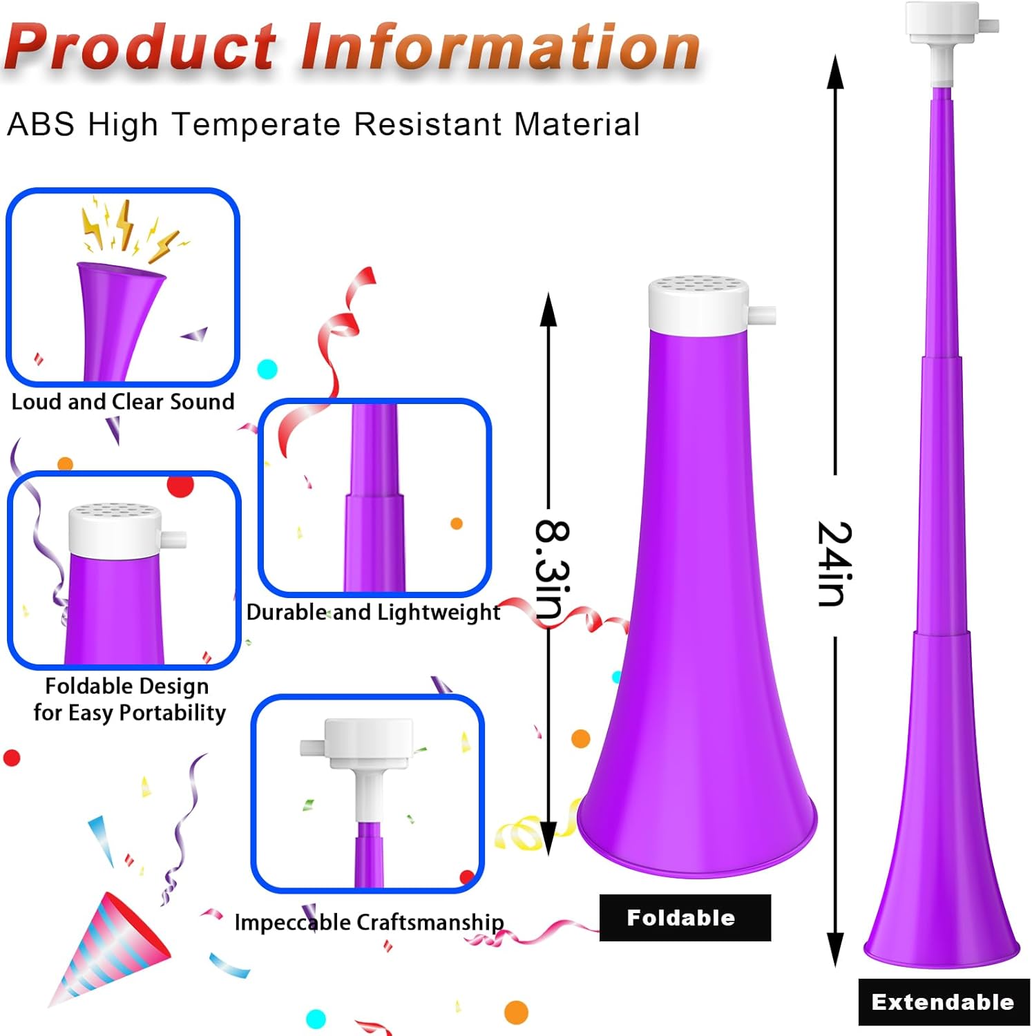 4 Packs Collapsible Stadium Horn 24 Inch Vuvuzela Plastic Trumpet Blow Horns Noise makers for Sporting Events School Sports Football Games Party Supplies Favors Accessories