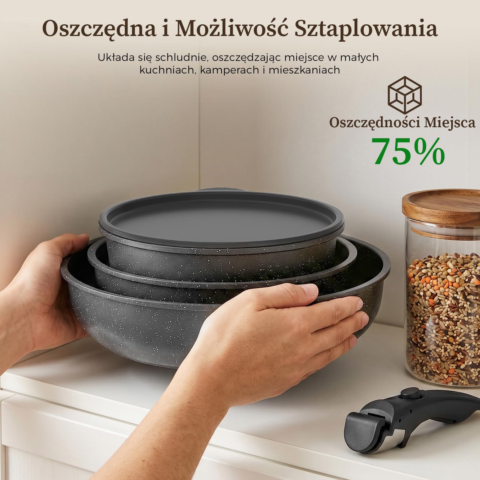 YASHE 9-Elementowy Zestaw Garnków, Odpinane Rączki, Na Indukcję, Granit | Konstrukcja Możliwa Do Układania, Idealny Do Kampera, Odporny Na Piekarnik, Bezpieczny, Trwały