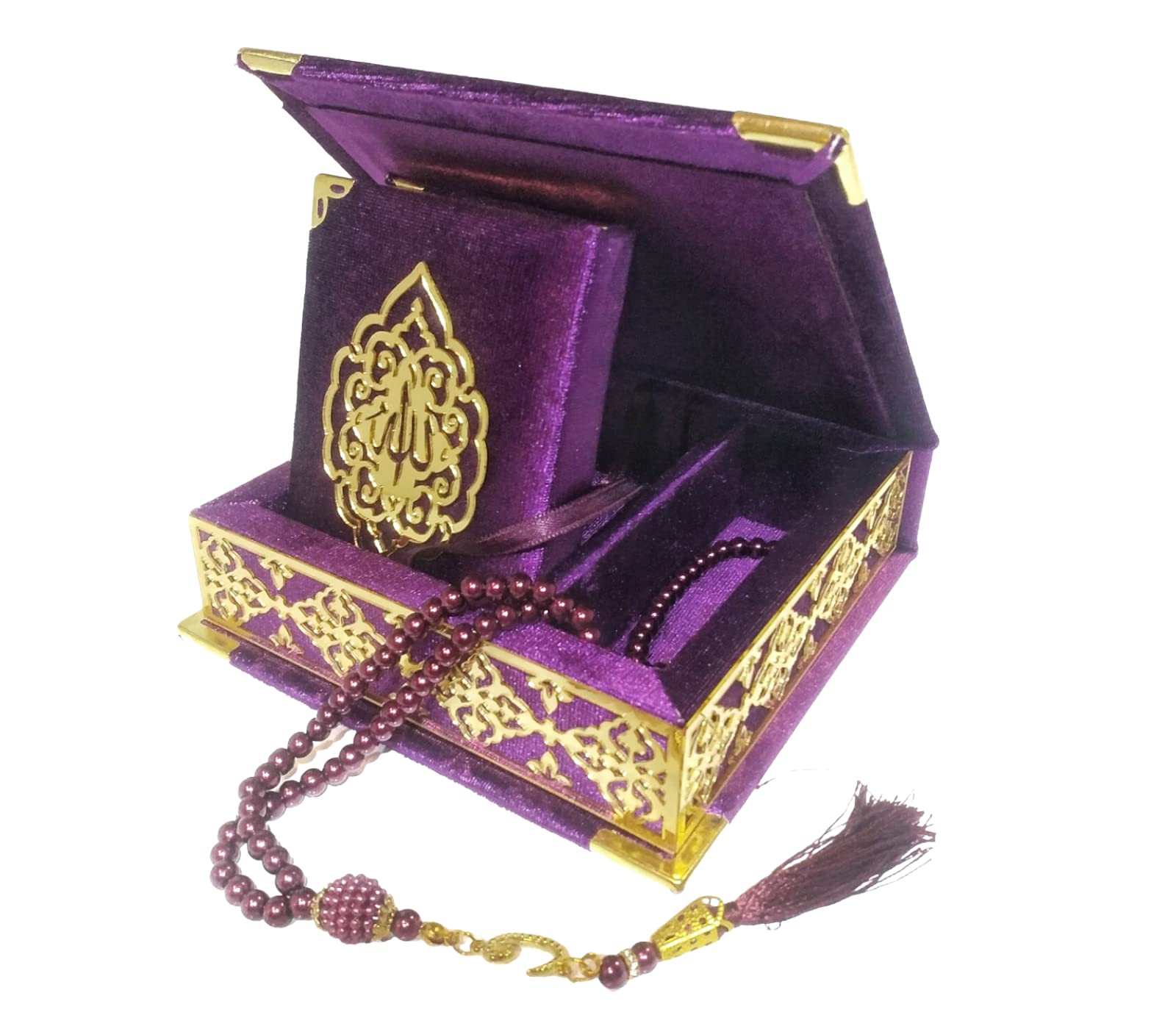 Prien Islamitische Cadeaus voor Eid en Ramadan, Cadeauset met Verzilverde Koran, Luxe Gouden Geschenkdoos, Gebedskralen met Parels, Cadeau voor Vrouwen, Mawlid Set, Bruiloft, Umrah (Zwart
