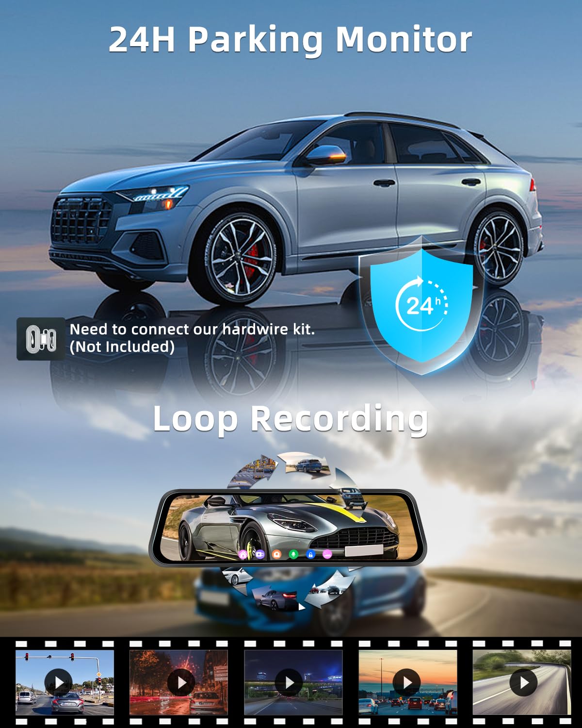 4K Mirror Dash CAM con 1080P Backup Camera - 9.66 Inch Touchscreen Dashcam Soporte Parking Monitoring BSD Loop Recording G-Senors WiFi 150°Wide Angle + 64GB SD Card