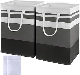 Funnasting Large Laundry Basket, 2 Pack 75L Collapsible Washing Baskets for Laundry, Freestanding Laundry Hamper with 2PCS Mesh Laundry Bags, Washing Bin with Extended Handles for Clothes（Grey）
