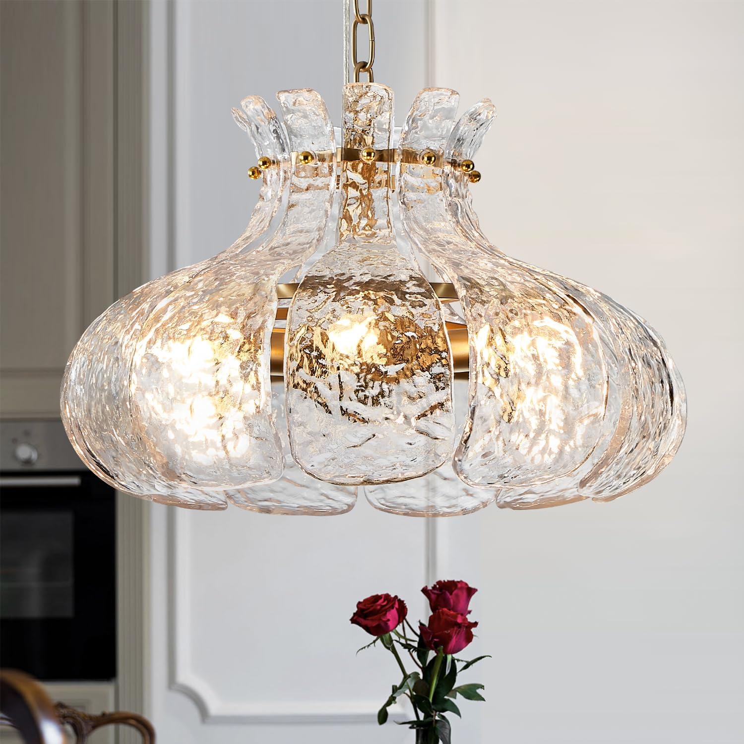 6-Light Modern Glass Chandelier 15.7" Luxury Water Ripple Glass Pendant Chandelier Gold Hanging Lighting for Dining Room,Living Room,Kitchen,Entryway,Hallway,Bedroom,E12 Base