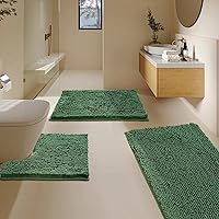 Vista 22 de Juego de 3 alfombras de baño de felpilla ultrasuave, antideslizante y súper absorbente, parte inferior de PVC fuerte, lavable a máquina, para Negro