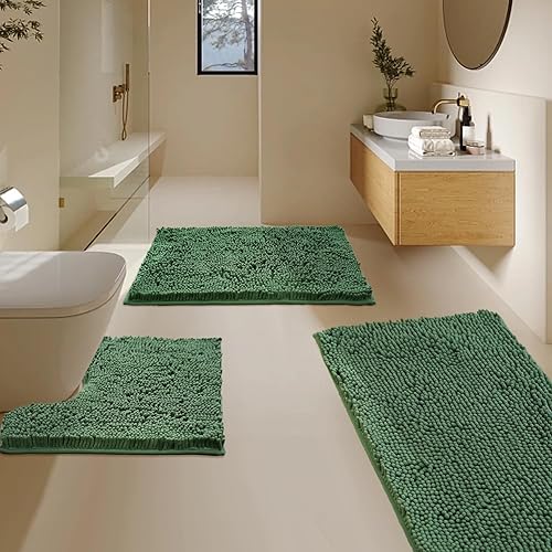 Miniatura 22 de Juego de 3 alfombras de baño de felpilla ultrasuave, antideslizante y súper absorbente, parte inferior de PVC fuerte, lavable a máquina, para Negro