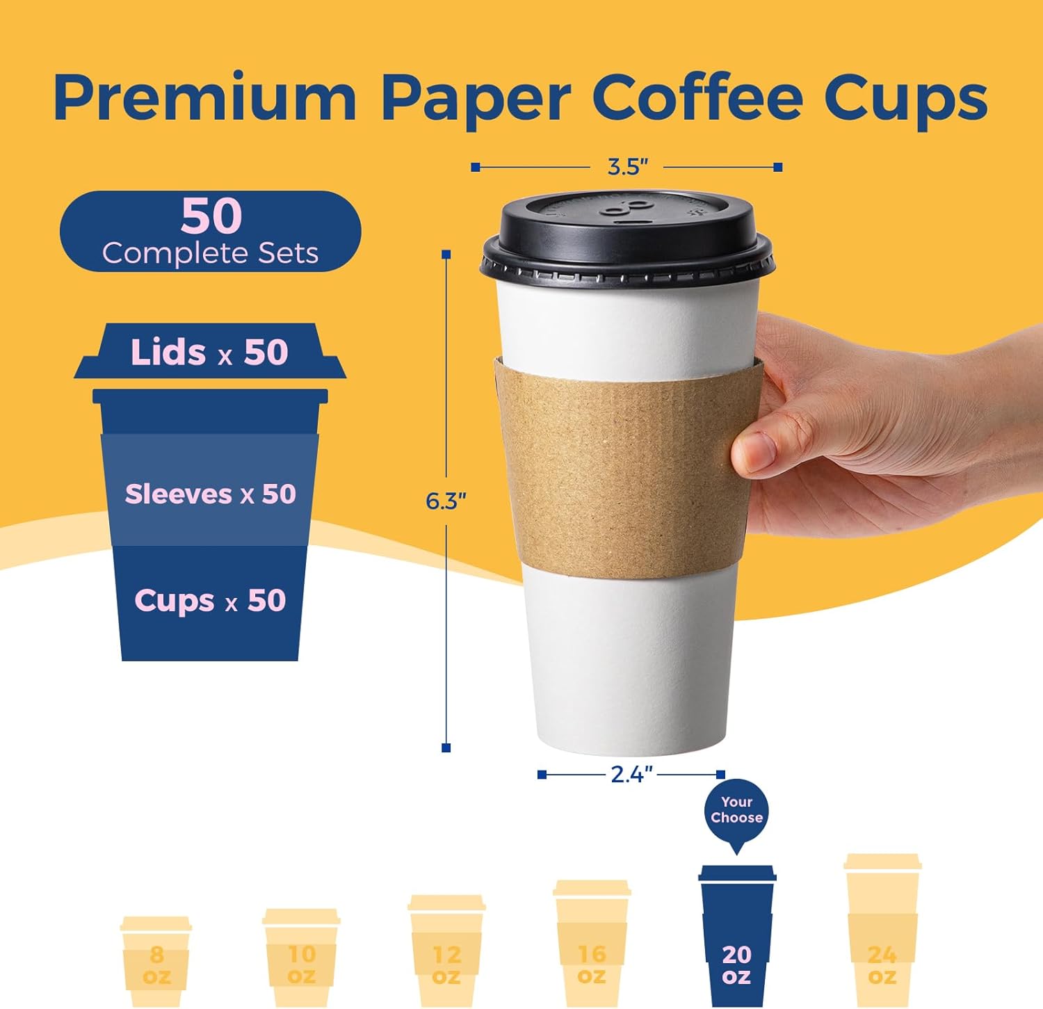 Fit Meal Prep 50 Pack 20 oz Disposable Coffee Cups with Lids, Sleeves, Leak-Proof To Go Coffee Cups with Lids, Durable Paper Cups for Hot Beverage, Home, Office, Party - Image 2