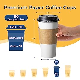 Fit Meal Prep 50 Pack 20 oz Disposable Coffee Cups with Lids, Sleeves, Leak-Proof To Go Coffee Cups with Lids, Durable Paper Cups for Hot Beverage, Home, Office, Party