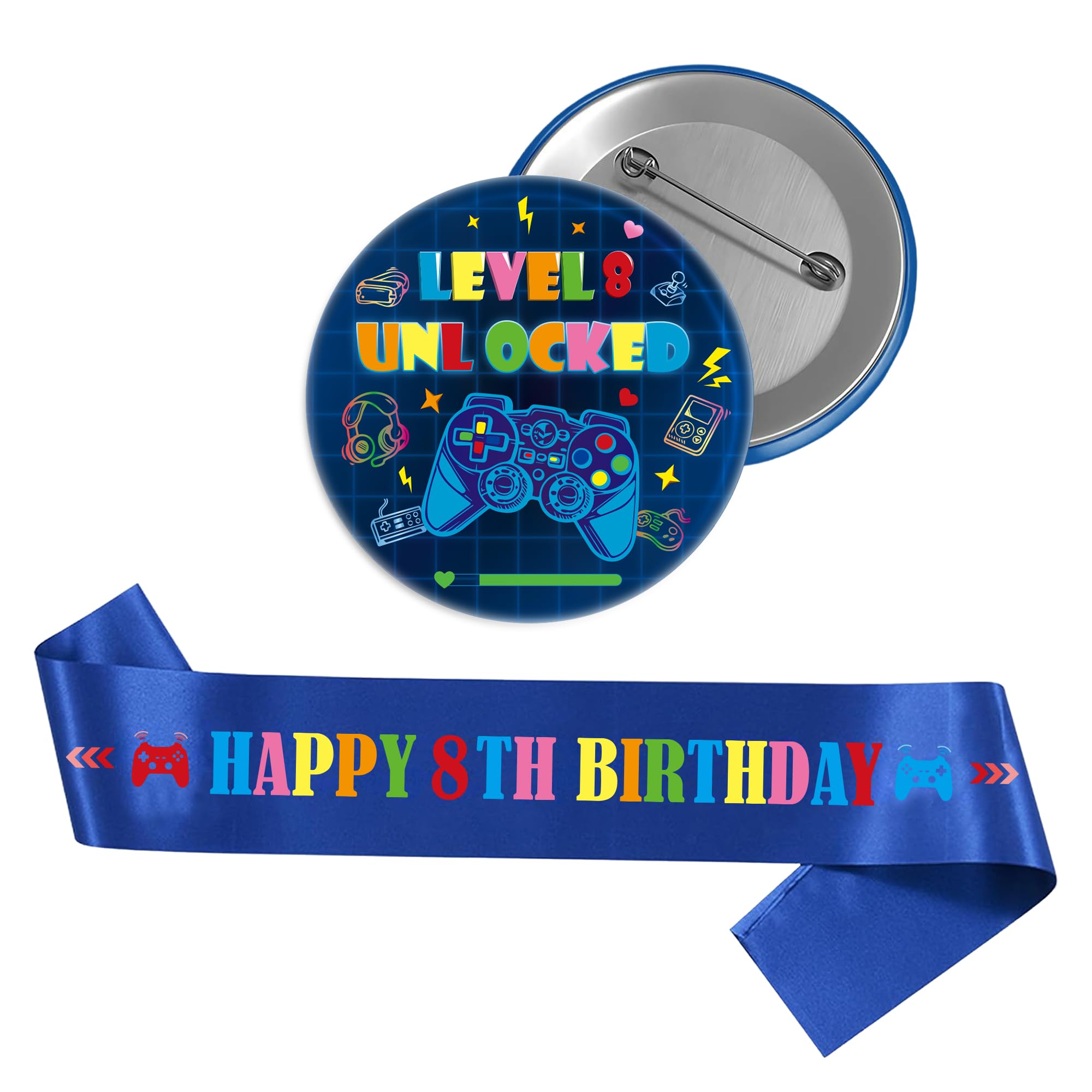8th Birthday Badge Sash Set - 2 Pcs Boys Blue Gaming Themed Design Level 8 UNLOCKED Badge Happy 8th Birthday Sash Decorations for 8 Years Old Boy Party Decoration Gifts