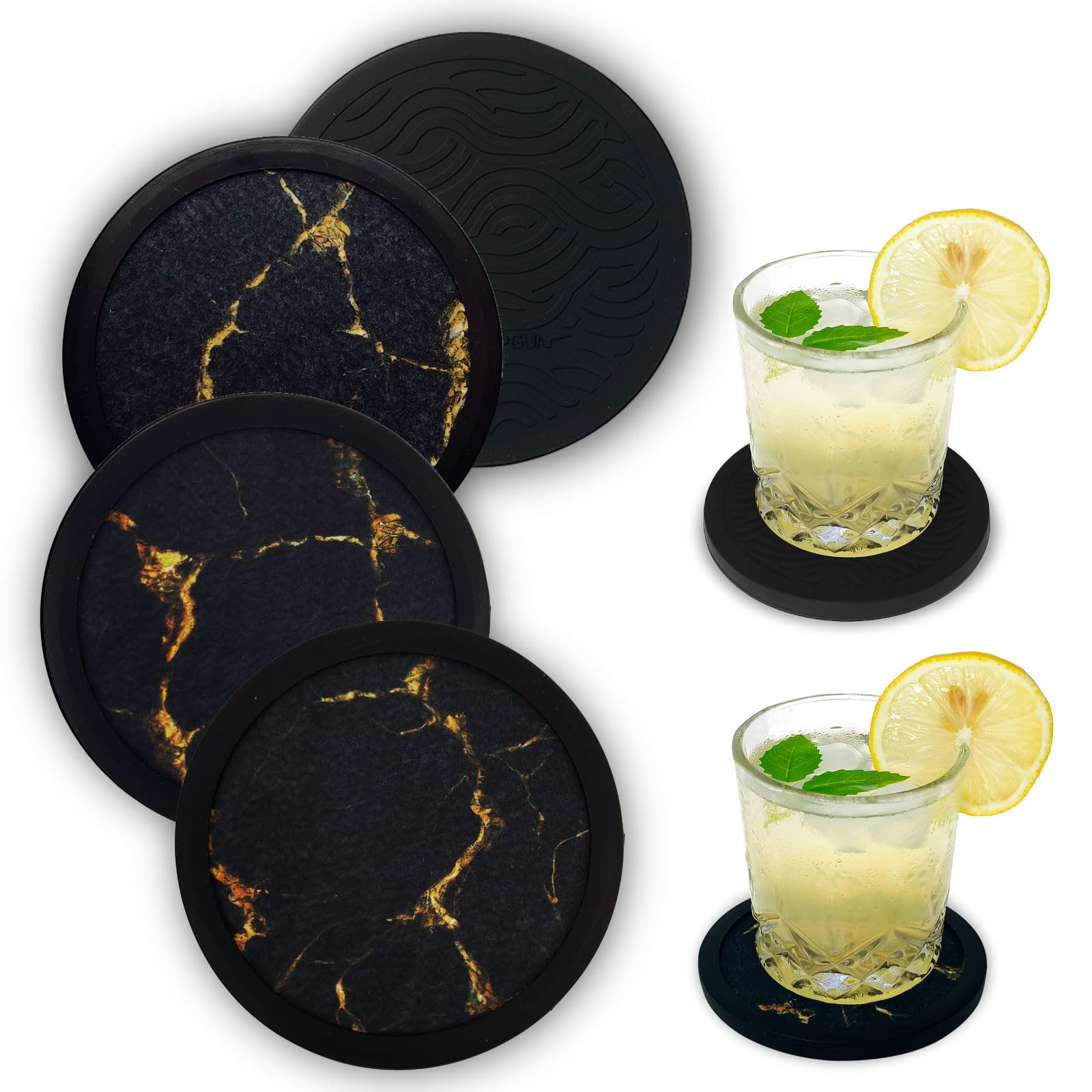 Set of 4 Non-Slip Silicone Coasters, Double-Sided Absorbent Cup Mats for Hot & Cold Drinks, Scratch & Water Ring Protection for Wood Tables, Home