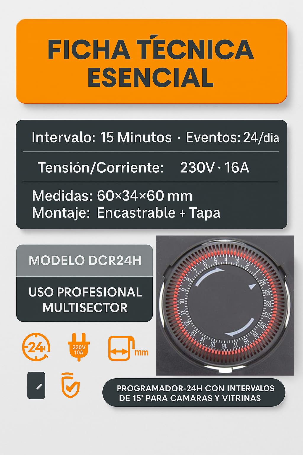 RO Linea Blanca ® Reloj Temporizador Programador Horario 24H Ciclo 15’ Desescarche 16A 230V Encastrable Con Tapa DCR24H Para Cámaras Frigoríficas Hostelería Frío Industrial Técnicos Mantenimiento