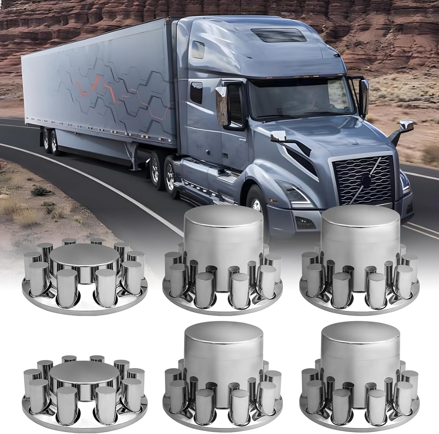 Cylinder Flat Axle Wheel Cover Set 2 Front and 4 Rear Axle Hub Covers with 33mm Thread-on Chrome Lug Nut Covers