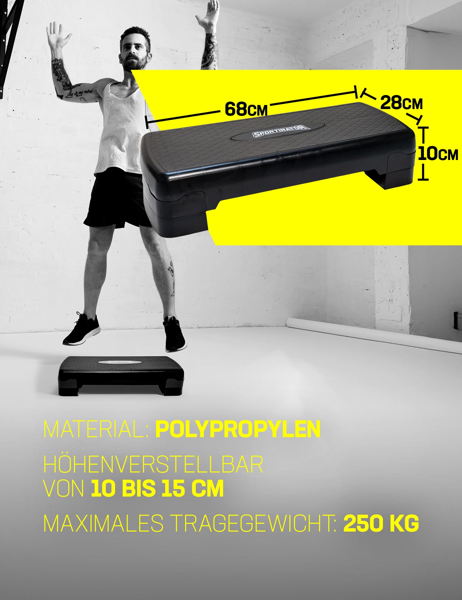 SPORTINATOR® Fitness Stepper höhenverstellbarer von 10 bis 15 cm, kompaktes Design aus Kunststoff mit Rutschfester Oberfläche. Belastbarkeit bis 250 kg