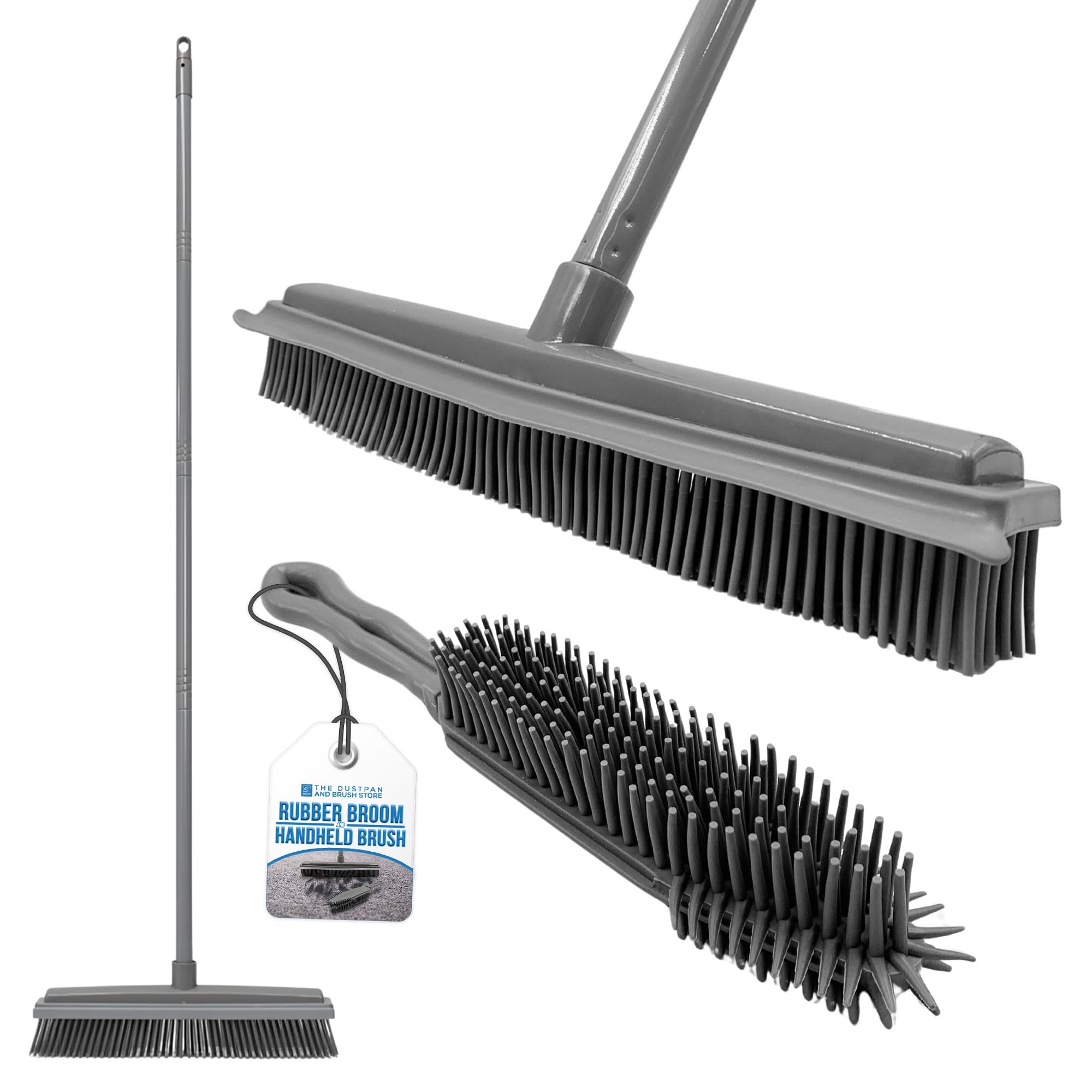 Tdbs The Dustpan And Brush Store Grey Rubber Broom And Rubber Hand Brush Set − Soft Broom Indoor, Carpet Sweeper And Pet Hair Remover With 31Cm Rubber Brush Head And 120Cm 4-Section Metal Handle, Comes With A Carpet Brush