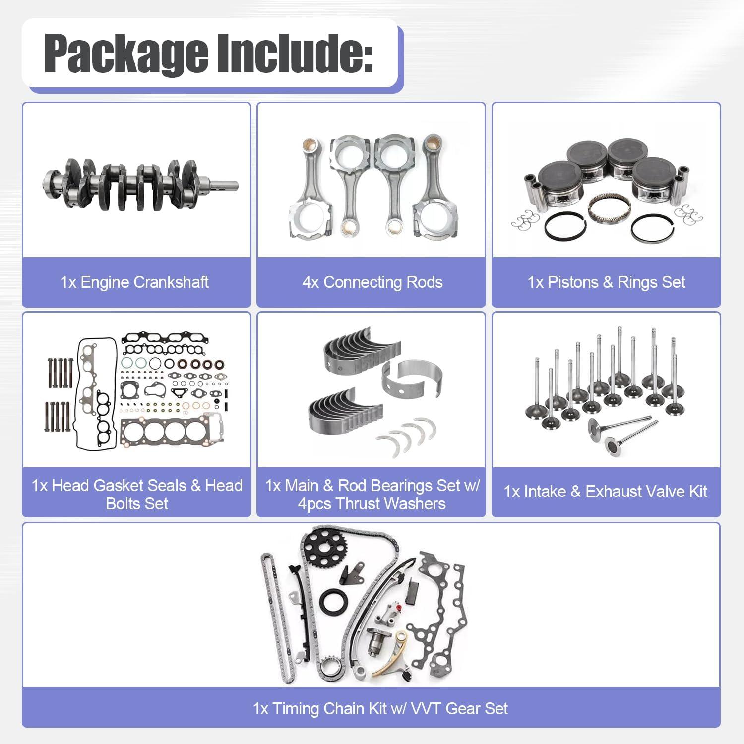 3RZ-FE 2.7L Engine Rebuild Kit w/Timing Chain Kit Crankshaft Head Gasket Set & Connecting Rod Fit for Toyota Tacoma T100 4Runner 1995-2004 Replaces# 13411-75020 1310175041 13507-75010