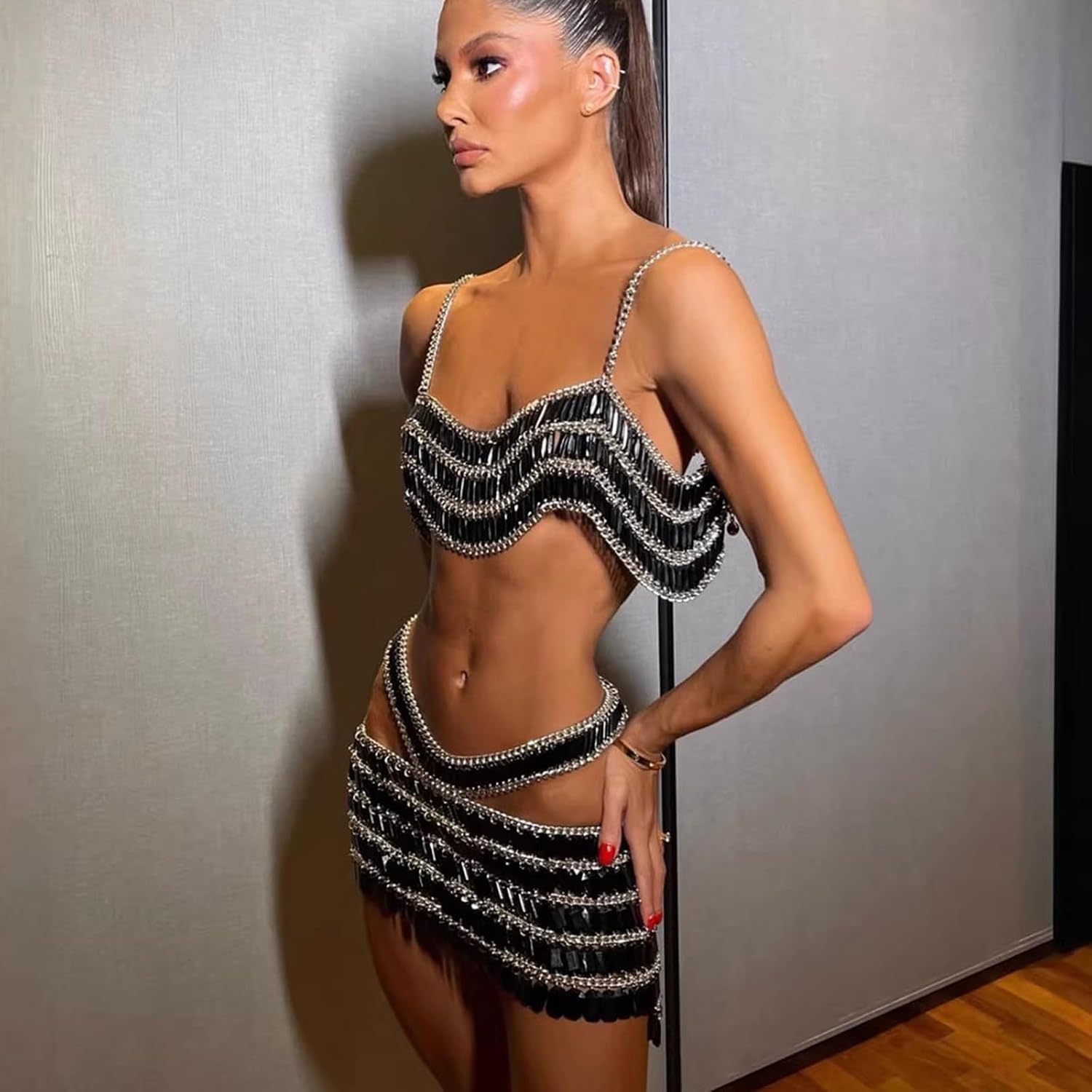 Rhinestones Sparkles Glitters Crop Tanks Top Minis Skirt Backless Chain Halters Crop Top Bikinis Chain Body Jewelry Bikinis Jewelry for Women