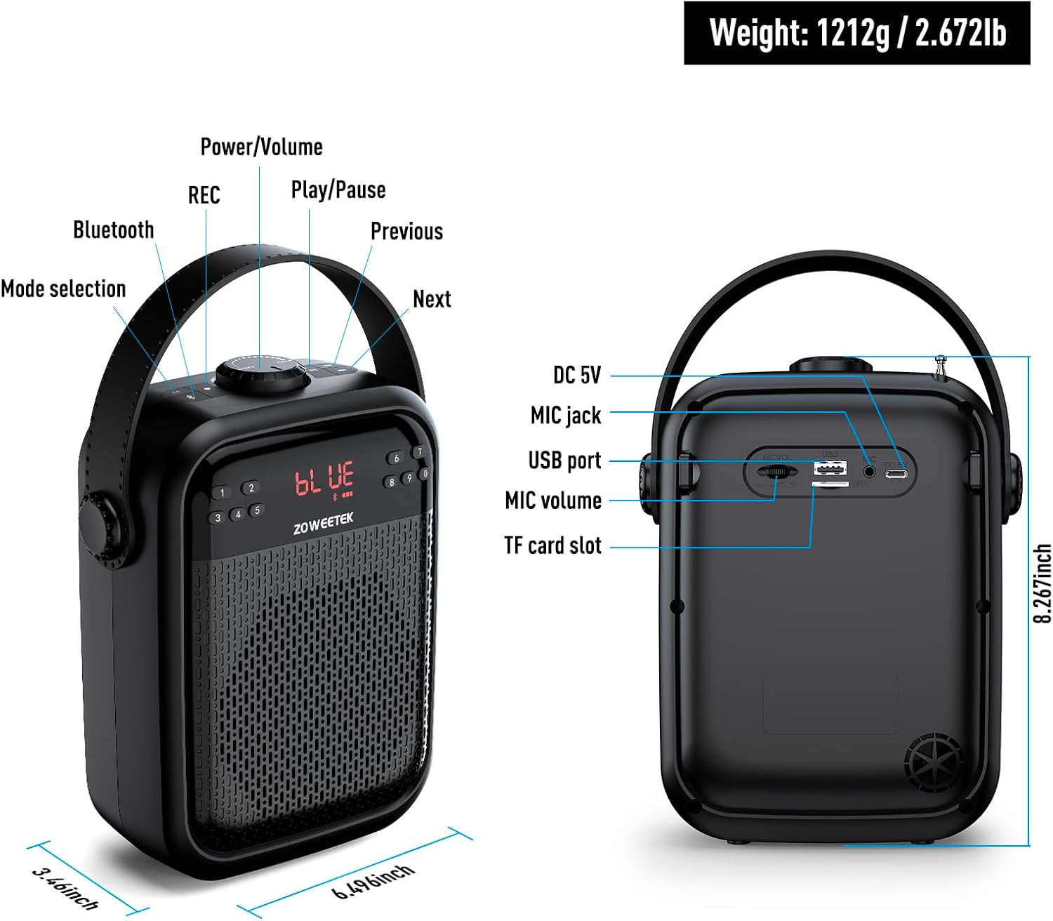 ZOWEETEK Voice Amplifier with Wireless Microphone Handheld, Wireless Voice Amplifier for Teachers, Buletooth PA System Speaker and Microphone,Portable Megaphone for Classroom, Speech,Karaoke,Outdoor - Image 8