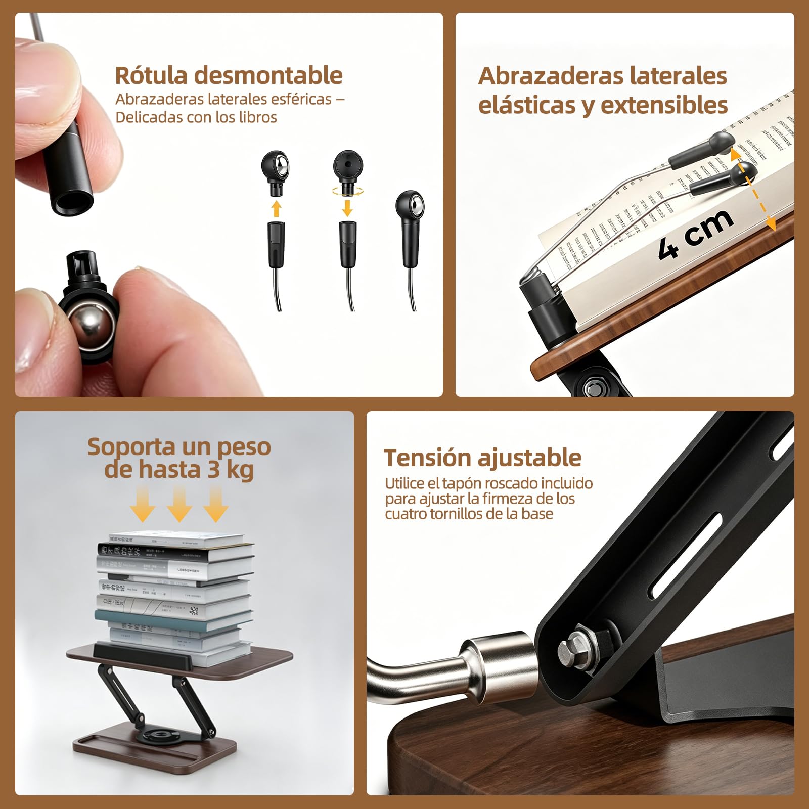 Atril para libros plegable y giratorio 360° – Soporte ergonómico de madera para lectura, libros de cocina y tabletas – Lectura manos libres, ajustable y ergonómico para cocina y oficina en casa