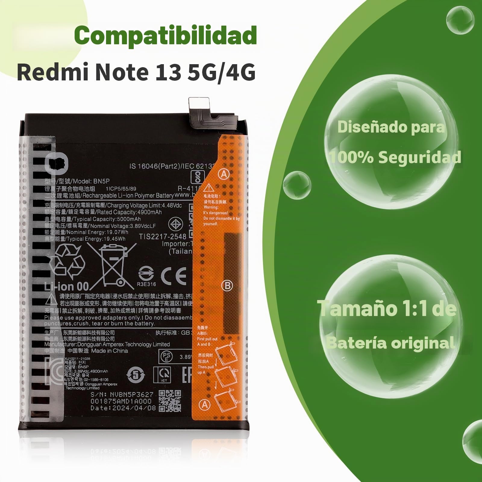 Nuevo Batería de repuesto BN5P compatible con Redmi Note 13 4G/5G Batería de repuesto con kit de herramientas de reparación actualizado