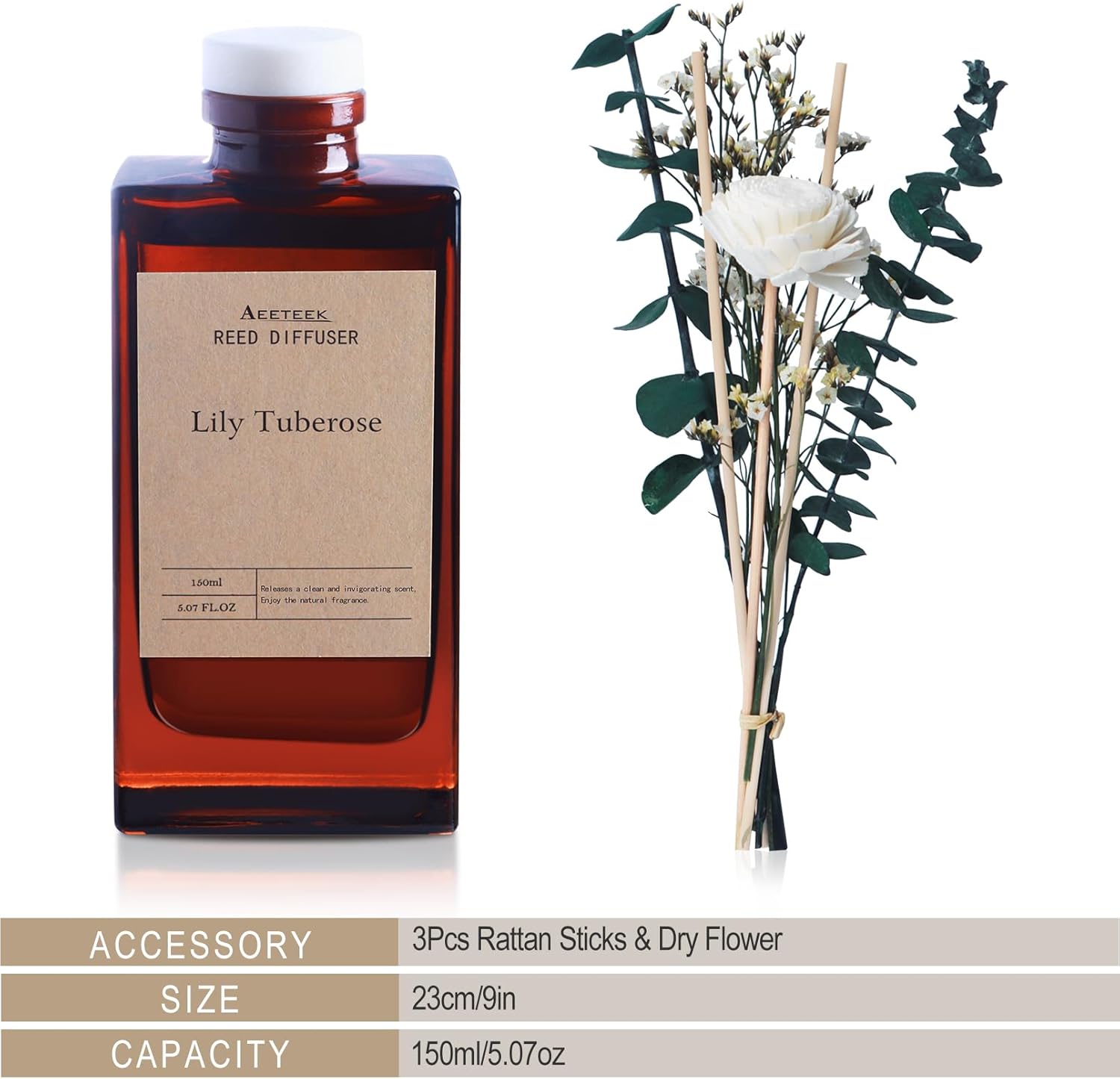 Reed Diffuser Set - Lily Tuberose Essential Oil, 5.07oz/150ml Floral Aroma Oils Scents with Flower Decoration and Rattan Sticks, Home Fragrance for Bedroom Bathroom Shelf Office Room Decor - Image 3