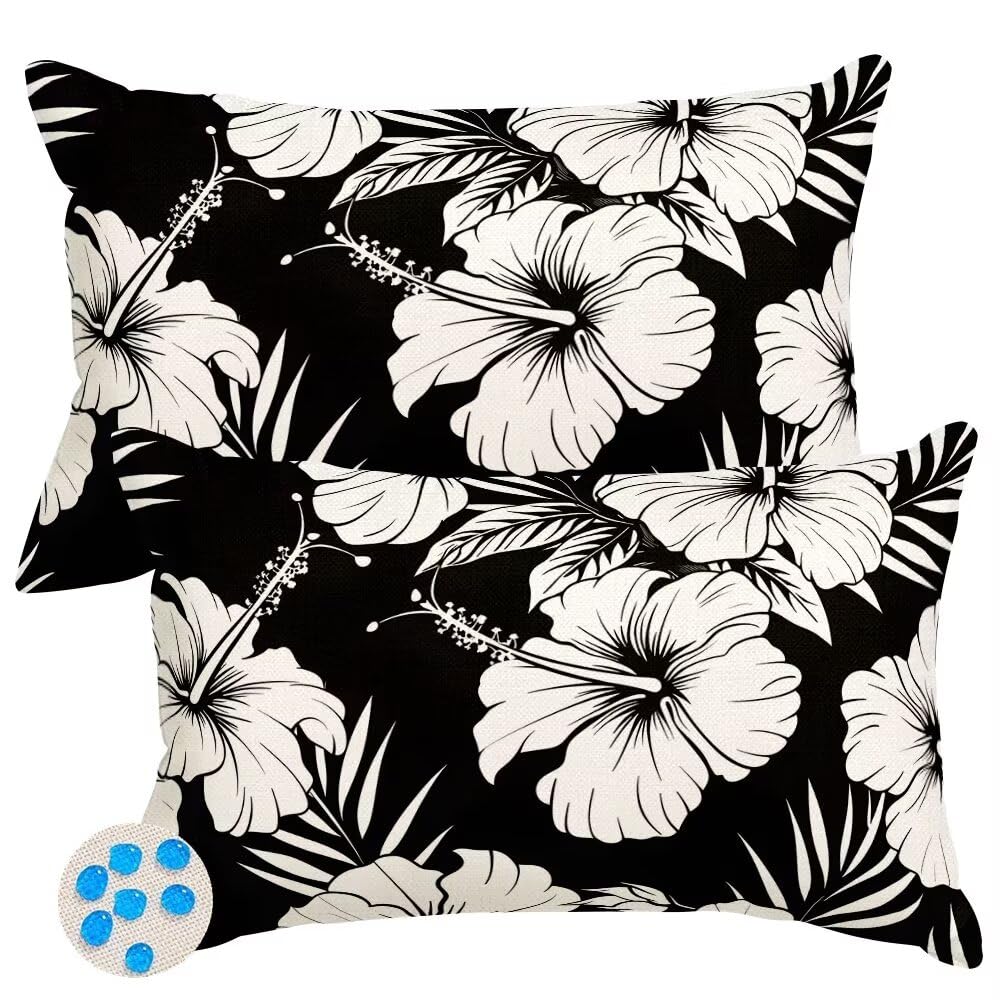 Federe Cuscini da Esterno Impermeabili 50x70 cm 2 Pezzi Federa Cuscino Estate Primavera Federe Copricuscini Fiori Bianchi Neri Fodera per Cuscino per Divano Soggiorno Patio Giardino Esterni -SC83